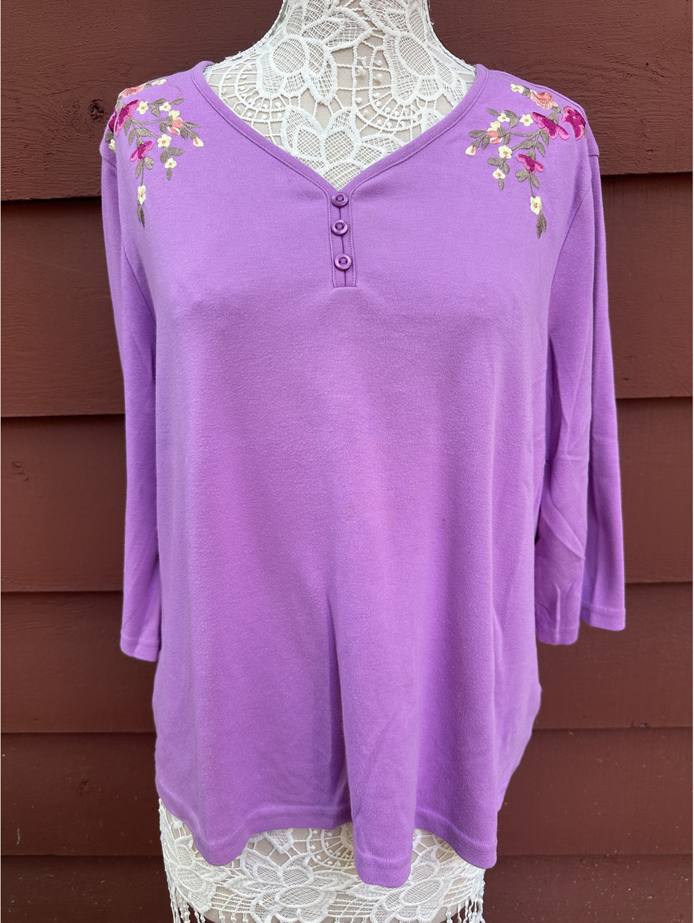 Blair Vintage Lavender Henley Blouse with Floral Embroidery Cottagecore Soft